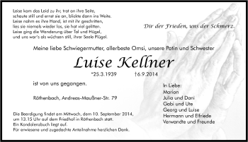 Traueranzeige von Luise Kellner von Pegnitz-Zeitung